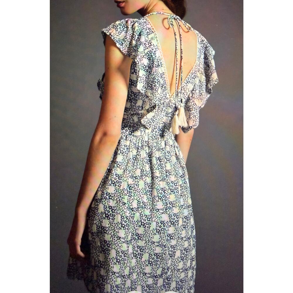 Anthropologie V-Neck Plunge Tunic Mini Dress Blue Motif Ruffle Boho XL - Picture 2 of 9